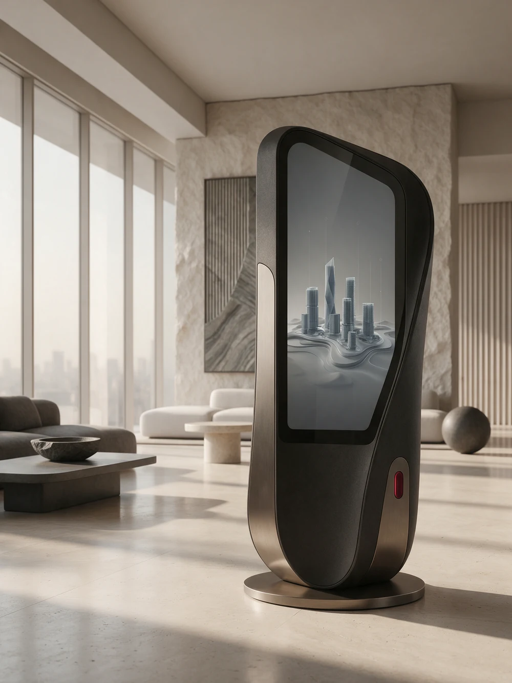 Conceptual premium touchscreen totem displaying an abstract interactive development model