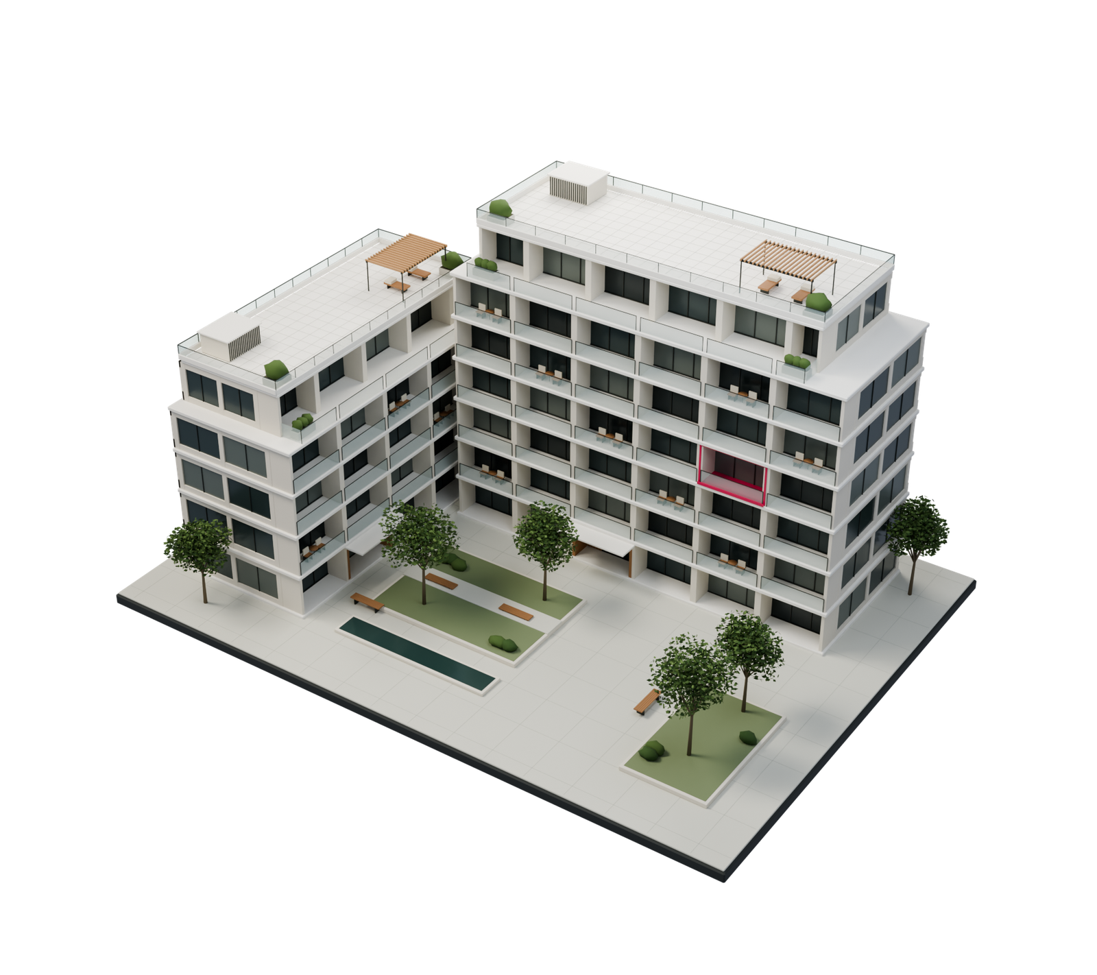 Conceptual architectural scale model of a contemporary residential development with one residence highlighted in DEZKA crimson